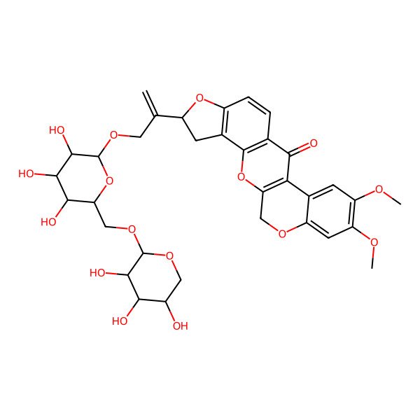 2D Structure of (6R)-16,17-dimethoxy-6-[3-[(2R,3R,4S,5S,6R)-3,4,5-trihydroxy-6-[[(2S,3R,4S,5S)-3,4,5-trihydroxyoxan-2-yl]oxymethyl]oxan-2-yl]oxyprop-1-en-2-yl]-2,7,20-trioxapentacyclo[11.8.0.03,11.04,8.014,19]henicosa-1(13),3(11),4(8),9,14,16,18-heptaen-12-one