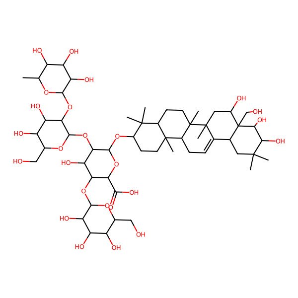 2D Structure of (2S,3S,4S,5R,6R)-6-[[(3S,4aR,6aR,6bS,8R,8aR,9R,10R,12aS,14aR,14bR)-8,9,10-trihydroxy-8a-(hydroxymethyl)-4,4,6a,6b,11,11,14b-heptamethyl-1,2,3,4a,5,6,7,8,9,10,12,12a,14,14a-tetradecahydropicen-3-yl]oxy]-5-[(2S,3R,4S,5R,6R)-4,5-dihydroxy-6-(hydroxymethyl)-3-[(2S,3R,4R,5R,6S)-3,4,5-trihydroxy-6-methyloxan-2-yl]oxyoxan-2-yl]oxy-4-hydroxy-3-[(2S,3R,4S,5S,6R)-3,4,5-trihydroxy-6-(hydroxymethyl)oxan-2-yl]oxyoxane-2-carboxylic acid