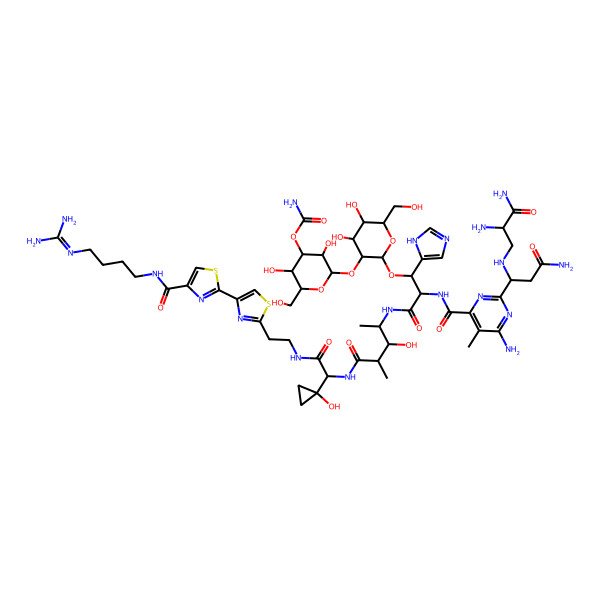 2D Structure of [(2R,3R,4S,5R,6R)-2-[(2R,3R,4S,5R,6S)-2-[(1S,2R)-2-[[6-amino-2-[(1R)-3-amino-1-[[(2R)-2,3-diamino-3-oxopropyl]amino]-3-oxopropyl]-5-methylpyrimidine-4-carbonyl]amino]-3-[[(2R,3S,4S)-5-[[(1R)-2-[2-[4-[4-[4-(diaminomethylideneamino)butylcarbamoyl]-1,3-thiazol-2-yl]-1,3-thiazol-2-yl]ethylamino]-1-(1-hydroxycyclopropyl)-2-oxoethyl]amino]-3-hydroxy-4-methyl-5-oxopentan-2-yl]amino]-1-(1H-imidazol-5-yl)-3-oxopropoxy]-4,5-dihydroxy-6-(hydroxymethyl)oxan-3-yl]oxy-3,5-dihydroxy-6-(hydroxymethyl)oxan-4-yl] carbamate