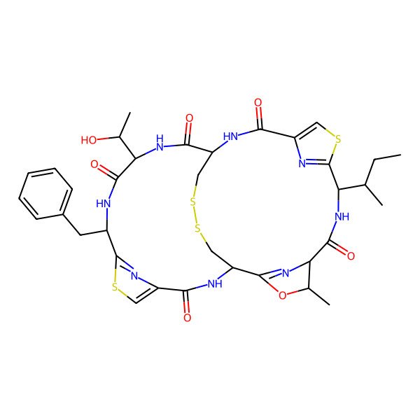 2D Structure of (1R,4R,5S,8R,15R,18S,21R)-21-benzyl-8-[(2R)-butan-2-yl]-18-[(1R)-1-hydroxyethyl]-4-methyl-3-oxa-10,23,29,30-tetrathia-7,14,17,20,27,32,33,34-octazapentacyclo[13.12.4.12,5.19,12.122,25]tetratriaconta-2(34),9(33),11,22(32),24-pentaene-6,13,16,19,26-pentone