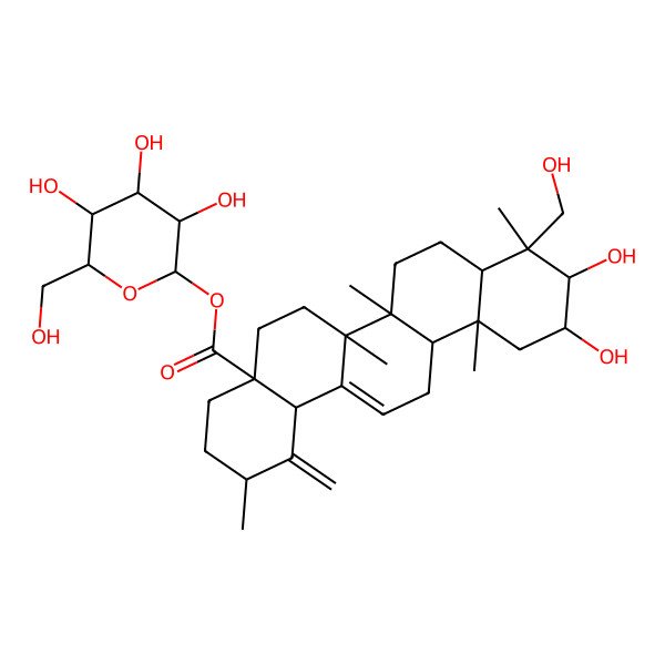 2D Structure of [(2S,3R,4S,5S,6R)-3,4,5-trihydroxy-6-(hydroxymethyl)oxan-2-yl] (2R,4aS,6aR,6aS,6bR,8aR,9R,10R,11R,12aS,14bS)-10,11-dihydroxy-9-(hydroxymethyl)-2,6a,6b,9,12a-pentamethyl-1-methylidene-2,3,4,5,6,6a,7,8,8a,10,11,12,13,14b-tetradecahydropicene-4a-carboxylate