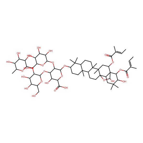 2D Structure of (2S,3S,4S,5R,6R)-6-[[(1R,2R,4S,5R,8R,10S,13R,14R,17S,18R,21R,22R,23S)-21,23-dihydroxy-4,5,9,9,13,20,20-heptamethyl-2,22-bis[[(Z)-2-methylbut-2-enoyl]oxy]-24-oxahexacyclo[15.5.2.01,18.04,17.05,14.08,13]tetracosan-10-yl]oxy]-4-[(2S,3R,4S,5R,6R)-4,5-dihydroxy-6-(hydroxymethyl)-3-[(2S,3R,4R,5R,6S)-3,4,5-trihydroxy-6-methyloxan-2-yl]oxyoxan-2-yl]oxy-3-hydroxy-5-[(2S,3R,4S,5R,6R)-3,4,5-trihydroxy-6-(hydroxymethyl)oxan-2-yl]oxyoxane-2-carboxylic acid