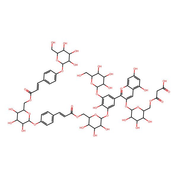 2D Structure of 3-[[(2R,3S,4S,5R,6S)-6-[5,7-dihydroxy-2-[4-hydroxy-3-[(2S,3R,4S,5S,6R)-3,4,5-trihydroxy-6-(hydroxymethyl)oxan-2-yl]oxy-5-[(2S,3S,4R,5S,6R)-3,4,5-trihydroxy-6-[[(E)-3-[4-[(2S,3R,4S,5S,6R)-3,4,5-trihydroxy-6-[[(E)-3-[4-[(2S,3S,4S,5S,6R)-3,4,5-trihydroxy-6-(hydroxymethyl)oxan-2-yl]oxyphenyl]prop-2-enoyl]oxymethyl]oxan-2-yl]oxyphenyl]prop-2-enoyl]oxymethyl]oxan-2-yl]oxyphenyl]chromenylium-3-yl]oxy-3,4,5-trihydroxyoxan-2-yl]methoxy]-3-oxopropanoic acid