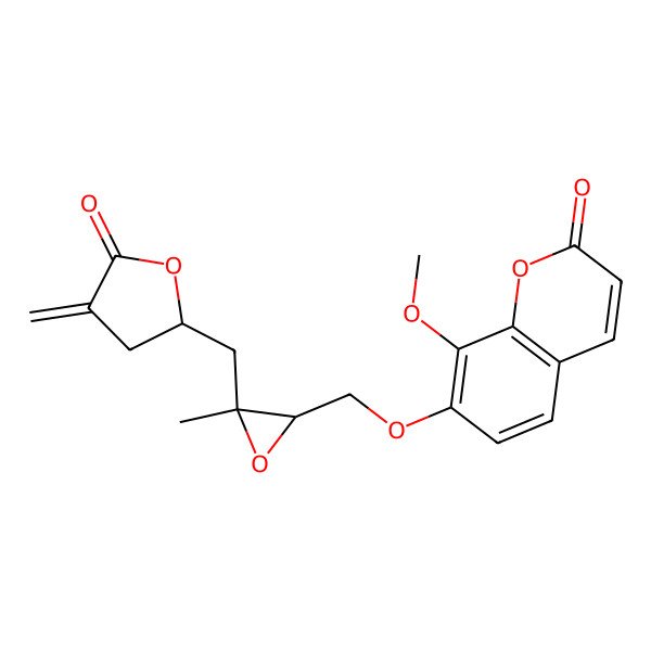 2D Structure of 8-methoxy-7-[[(2R,3R)-3-methyl-3-[[(2S)-4-methylidene-5-oxooxolan-2-yl]methyl]oxiran-2-yl]methoxy]chromen-2-one