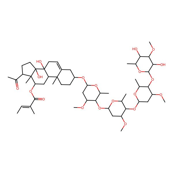 2D Structure of (17alpha)-3beta-[3-O-Methyl-4-O-[3-O-methyl-4-O-[3-O-methyl-4-O-(3-O-methyl-6-deoxy-beta-D-glucopyranosyl)-2,6-dideoxy-beta-D-ribo-hexopyranosyl]-2,6-dideoxy-beta-D-ribo-hexopyranosyl]-2,6-dideoxy-beta-D-ribo-hexopyranosyloxy]-8,14beta-dihydroxy-12beta-(tigloyloxy)pregna-5-ene-20-one