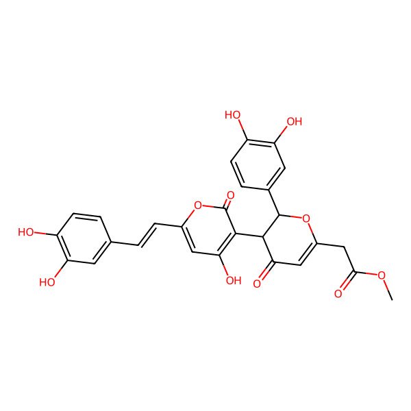 2D Structure of Methyl 2-[2-(3,4-dihydroxyphenyl)-3-[6-[2-(3,4-dihydroxyphenyl)ethenyl]-4-hydroxy-2-oxopyran-3-yl]-4-oxo-2,3-dihydropyran-6-yl]acetate