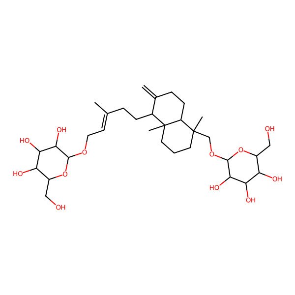 2D Structure of (2R,3R,4S,5S,6R)-2-[(E)-5-[(1R,4aS,5S,8aS)-5,8a-dimethyl-2-methylidene-5-[[(2R,3R,4S,5S,6R)-3,4,5-trihydroxy-6-(hydroxymethyl)oxan-2-yl]oxymethyl]-3,4,4a,6,7,8-hexahydro-1H-naphthalen-1-yl]-3-methylpent-2-enoxy]-6-(hydroxymethyl)oxane-3,4,5-triol