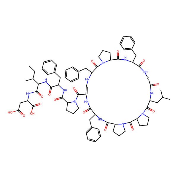 2D Structure of (2S)-2-[[(2S,3S)-3-methyl-2-[[(2S)-3-phenyl-2-[[(2S)-1-[(3S,9S,15S,18S,24S,26Z,30S,33S)-15,24,30-tribenzyl-9-(2-methylpropyl)-2,8,11,14,17,23,29,32-octaoxo-1,7,10,13,16,22,25,28,31-nonazatetracyclo[31.3.0.03,7.018,22]hexatriacont-26-ene-27-carbonyl]pyrrolidine-2-carbonyl]amino]propanoyl]amino]pentanoyl]amino]butanedioic acid