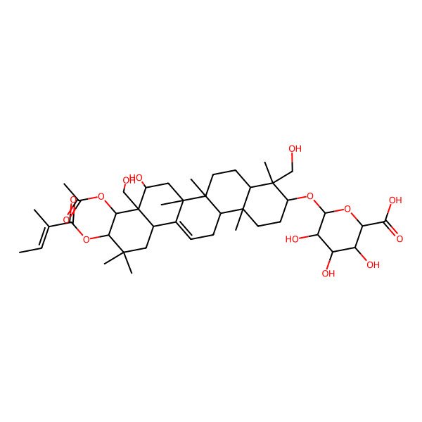 2D Structure of (2S,3S,4S,5R,6R)-6-[[(3S,4R,4aR,6aR,6bS,8S,8aR,9R,10R,12aS,14aR,14bR)-9-acetyloxy-8-hydroxy-4,8a-bis(hydroxymethyl)-4,6a,6b,11,11,14b-hexamethyl-10-[(E)-2-methylbut-2-enoyl]oxy-1,2,3,4a,5,6,7,8,9,10,12,12a,14,14a-tetradecahydropicen-3-yl]oxy]-3,4,5-trihydroxyoxane-2-carboxylic acid