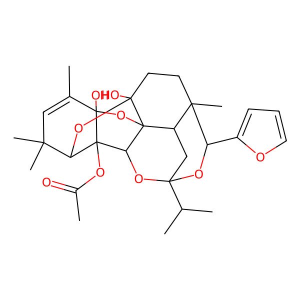 2D Structure of [(1S,2S,3R,7S,9S,12R,13R,15R,17R,18R)-13-(furan-2-yl)-3,9-dihydroxy-4,6,6,12-tetramethyl-15-propan-2-yl-8,14,19,20-tetraoxahexacyclo[13.3.1.13,18.02,7.09,18.012,17]icos-4-en-2-yl] acetate