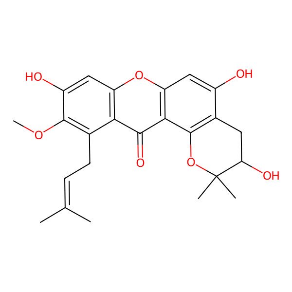 2D Structure of (3S)-3,5,9-trihydroxy-10-methoxy-2,2-dimethyl-11-(3-methylbut-2-enyl)-3,4-dihydropyrano[2,3-a]xanthen-12-one