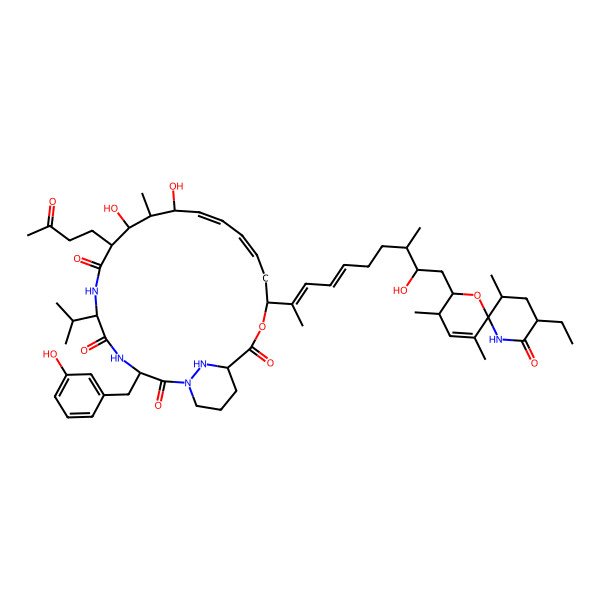 2D Structure of (3S,6S,9R,10S,11S,12R,13E,15E,18R,21S)-18-[(2E,4E,8S,9S)-10-[(2S,3R,6R,9S,11S)-9-ethyl-3,5,11-trimethyl-8-oxo-1-oxa-7-azaspiro[5.5]undec-4-en-2-yl]-9-hydroxy-8-methyldeca-2,4-dien-2-yl]-10,12-dihydroxy-3-[(3-hydroxyphenyl)methyl]-11-methyl-9-(3-oxobutyl)-6-propan-2-yl-19-oxa-1,4,7,25-tetrazabicyclo[19.3.1]pentacosa-13,15-diene-2,5,8,20-tetrone