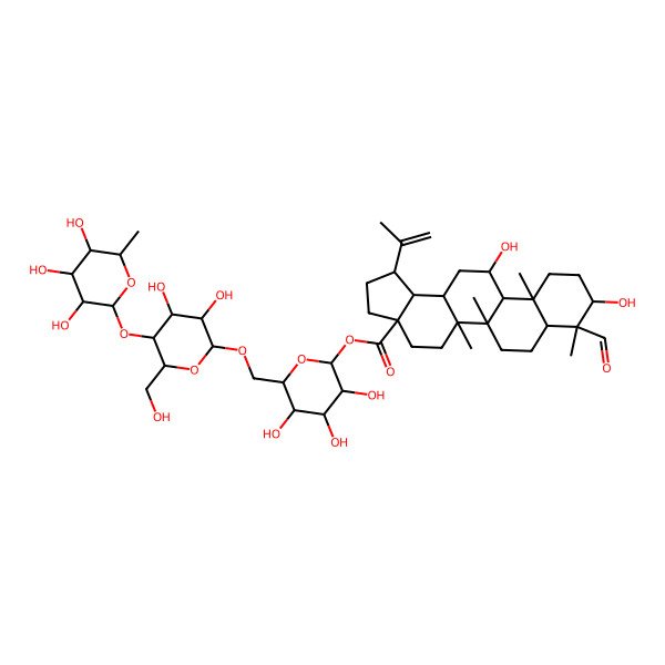 2D Structure of [(2S,3R,4S,5S,6R)-6-[[(2R,3R,4R,5S,6R)-3,4-dihydroxy-6-(hydroxymethyl)-5-[(2S,3R,4R,5R,6S)-3,4,5-trihydroxy-6-methyloxan-2-yl]oxyoxan-2-yl]oxymethyl]-3,4,5-trihydroxyoxan-2-yl] (1R,3aS,5aR,5bR,7aR,8S,9R,11aS,11bR,12R,13aR,13bS)-8-formyl-9,12-dihydroxy-5a,5b,8,11a-tetramethyl-1-prop-1-en-2-yl-1,2,3,4,5,6,7,7a,9,10,11,11b,12,13,13a,13b-hexadecahydrocyclopenta[a]chrysene-3a-carboxylate