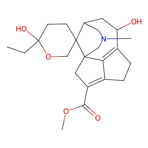 2D Structure of Methyl 2'-ethyl-2',7-dihydroxy-3-methylspiro[3-azatetracyclo[6.5.1.11,5.011,14]pentadeca-8(14),11-diene-15,5'-oxane]-12-carboxylate