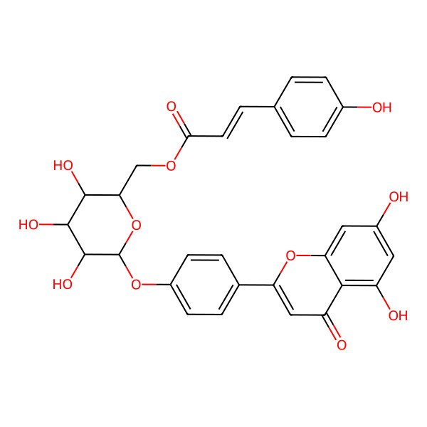 2D Structure of [(2R,3S,4S,5R,6S)-6-[4-(5,7-dihydroxy-4-oxochromen-2-yl)phenoxy]-3,4,5-trihydroxyoxan-2-yl]methyl (Z)-3-(4-hydroxyphenyl)prop-2-enoate