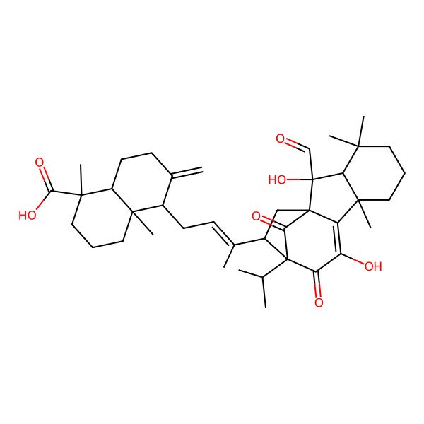 2D Structure of (1R,4aR,5S,8aR)-5-[(E)-3-[(1R,2R,3S,8S,12R,13S)-2-formyl-2,10-dihydroxy-4,4,8-trimethyl-11,15-dioxo-12-propan-2-yl-13-tetracyclo[10.2.1.01,9.03,8]pentadec-9-enyl]but-2-enyl]-1,4a-dimethyl-6-methylidene-3,4,5,7,8,8a-hexahydro-2H-naphthalene-1-carboxylic acid