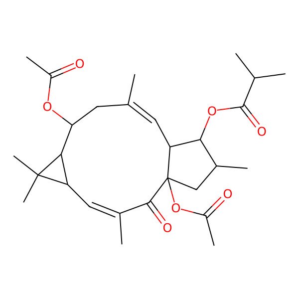 2D Structure of [(1R,3E,5R,7S,8R,10E,12S,13S,14S)-1,8-diacetyloxy-3,6,6,10,14-pentamethyl-2-oxo-13-tricyclo[10.3.0.05,7]pentadeca-3,10-dienyl] 2-methylpropanoate