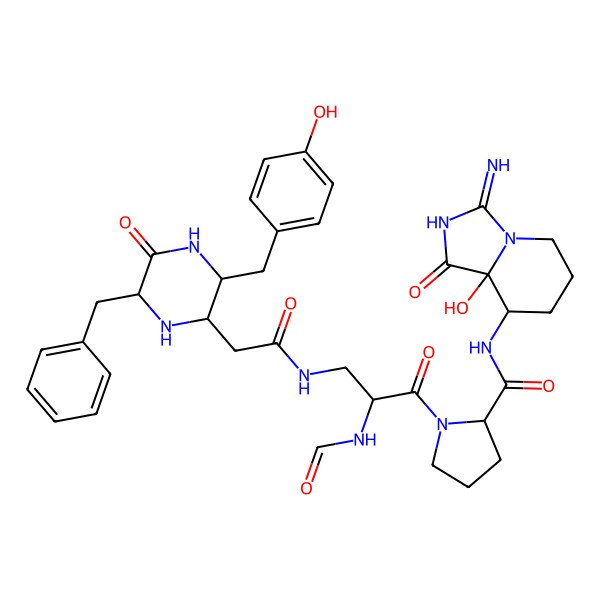 2D Structure of N-(8a-hydroxy-3-imino-1-oxo-5,6,7,8-tetrahydroimidazo[1,5-a]pyridin-8-yl)-1-[3-[[2-[6-benzyl-3-[(4-hydroxyphenyl)methyl]-5-oxopiperazin-2-yl]acetyl]amino]-2-formamidopropanoyl]pyrrolidine-2-carboxamide
