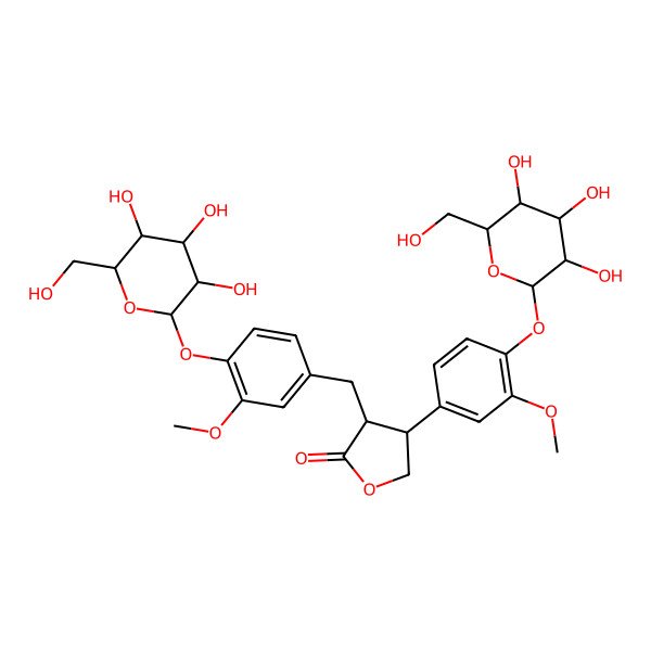 2D Structure of (3S,4S)-4-[3-methoxy-4-[(2R,3R,4S,5S,6R)-3,4,5-trihydroxy-6-(hydroxymethyl)oxan-2-yl]oxyphenyl]-3-[[3-methoxy-4-[(2S,3R,4S,5S,6R)-3,4,5-trihydroxy-6-(hydroxymethyl)oxan-2-yl]oxyphenyl]methyl]oxolan-2-one