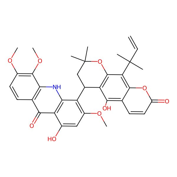 2D Structure of 1-hydroxy-4-[(4S)-5-hydroxy-2,2-dimethyl-10-(2-methylbut-3-en-2-yl)-8-oxo-3,4-dihydropyrano[3,2-g]chromen-4-yl]-3,5,6-trimethoxy-10H-acridin-9-one