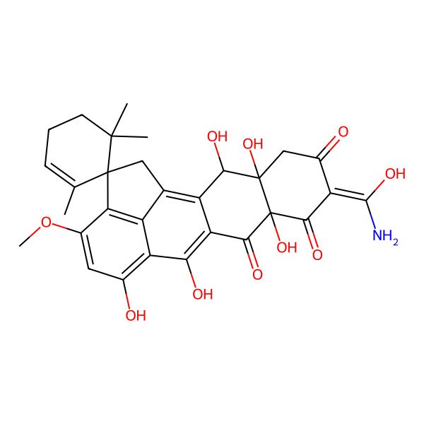 2D Structure of (7'Z)-7'-[amino(hydroxy)methylidene]-3',4',9',12',14'-pentahydroxy-16'-methoxy-1,5,5-trimethylspiro[cyclohexene-6,18'-pentacyclo[11.6.1.02,11.04,9.017,20]icosa-1(20),2(11),12,14,16-pentaene]-6',8',10'-trione