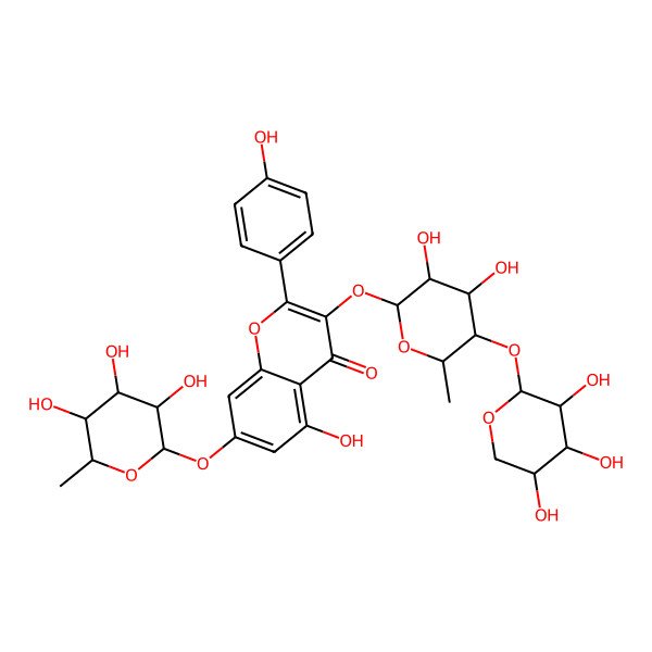 2D Structure of 3-[(2S,3R,4S,5R,6S)-3,4-dihydroxy-6-methyl-5-[(2S,3R,4R,5S)-3,4,5-trihydroxyoxan-2-yl]oxyoxan-2-yl]oxy-5-hydroxy-2-(4-hydroxyphenyl)-7-[(2S,3R,4R,5R,6S)-3,4,5-trihydroxy-6-methyloxan-2-yl]oxychromen-4-one