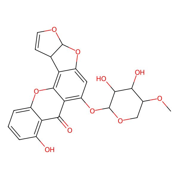 2D Structure of (3S,7R)-11-[(2R,3R,4R,5S)-3,4-dihydroxy-5-methoxyoxan-2-yl]oxy-15-hydroxy-6,8,20-trioxapentacyclo[10.8.0.02,9.03,7.014,19]icosa-1,4,9,11,14,16,18-heptaen-13-one
