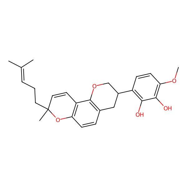 2D Structure of 3-methoxy-6-[(3R,8R)-8-methyl-8-(4-methylpent-3-enyl)-3,4-dihydro-2H-pyrano[2,3-f]chromen-3-yl]benzene-1,2-diol