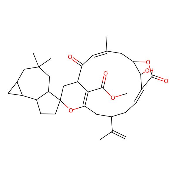 2D Structure of methyl (1'S,1aS,3'E,4aR,5S,6'R,7aR,7bS,9'E,12'S,19'S)-19'-hydroxy-3,3,4'-trimethyl-2',8'-dioxo-12'-prop-1-en-2-ylspiro[1a,2,4,4a,6,7,7a,7b-octahydro-1H-cyclopropa[e]azulene-5,16'-7,15-dioxatricyclo[12.3.1.16,9]nonadeca-3,9,14(18)-triene]-18'-carboxylate