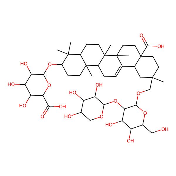 2D Structure of (2S,3S,4S,5R,6R)-6-[[(3S,4aR,6aR,6bS,8aR,11S,12aS,14aR,14bR)-8a-carboxy-11-[[(2R,3R,4S,5S,6R)-4,5-dihydroxy-6-(hydroxymethyl)-3-[(2S,3R,4S,5S)-3,4,5-trihydroxyoxan-2-yl]oxyoxan-2-yl]oxymethyl]-4,4,6a,6b,11,14b-hexamethyl-1,2,3,4a,5,6,7,8,9,10,12,12a,14,14a-tetradecahydropicen-3-yl]oxy]-3,4,5-trihydroxyoxane-2-carboxylic acid