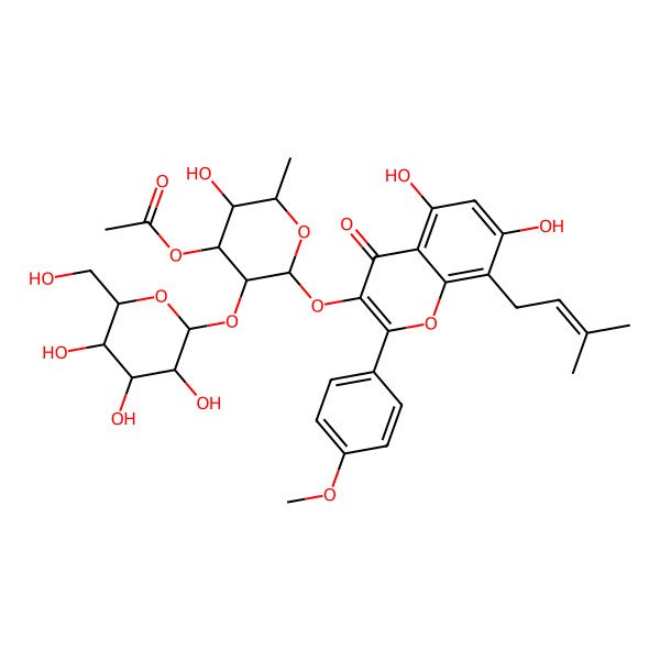 2D Structure of [(2S,3R,4R,5S,6S)-2-[5,7-dihydroxy-2-(4-methoxyphenyl)-8-(3-methylbut-2-enyl)-4-oxochromen-3-yl]oxy-5-hydroxy-6-methyl-3-[(3R,4S,5S,6R)-3,4,5-trihydroxy-6-(hydroxymethyl)oxan-2-yl]oxyoxan-4-yl] acetate