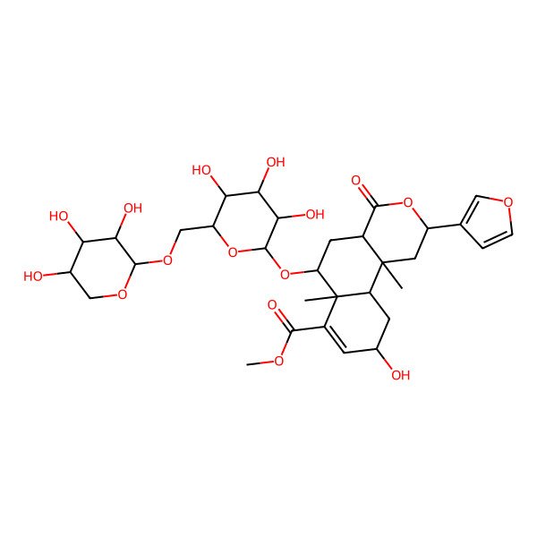 2D Structure of Methyl 2-(furan-3-yl)-9-hydroxy-6a,10b-dimethyl-4-oxo-6-[3,4,5-trihydroxy-6-[(3,4,5-trihydroxyoxan-2-yl)oxymethyl]oxan-2-yl]oxy-1,2,4a,5,6,9,10,10a-octahydrobenzo[f]isochromene-7-carboxylate