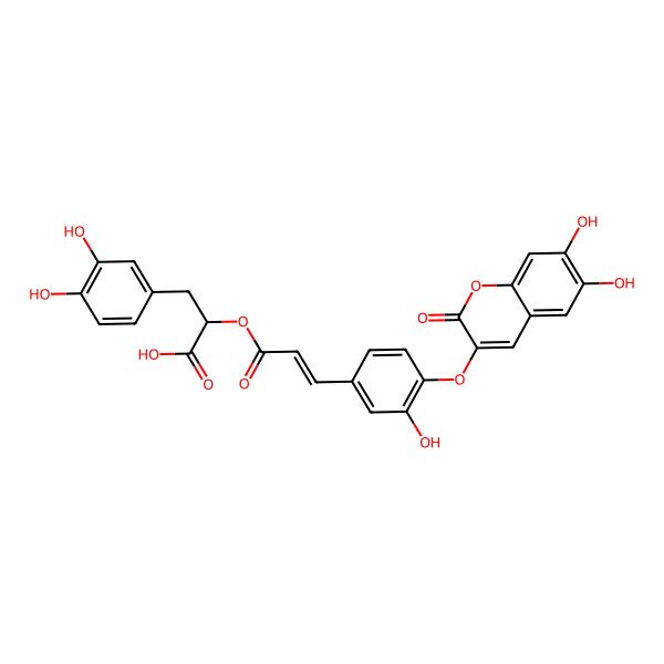 2D Structure of 2-[3-[4-(6,7-Dihydroxy-2-oxochromen-3-yl)oxy-3-hydroxyphenyl]prop-2-enoyloxy]-3-(3,4-dihydroxyphenyl)propanoic acid