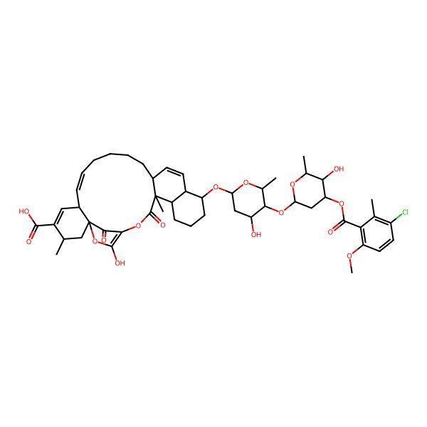 2D Structure of (1S,3R,6R,7E,13R,16S,17S,21R,22R)-17-[5-[4-(3-chloro-6-methoxy-2-methylbenzoyl)oxy-5-hydroxy-6-methyloxan-2-yl]oxy-4-hydroxy-6-methyloxan-2-yl]oxy-26-hydroxy-3,22-dimethyl-23,28-dioxo-24,27-dioxapentacyclo[23.2.1.01,6.013,22.016,21]octacosa-4,7,14,25-tetraene-4-carboxylic acid