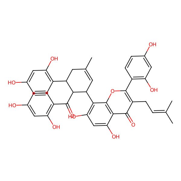 2D Structure of 8-[(1R,5R,6S)-6-(2,4-dihydroxybenzoyl)-5-(2,4-dihydroxyphenyl)-3-methylcyclohex-2-en-1-yl]-2-(2,4-dihydroxyphenyl)-5,7-dihydroxy-3-(3-methylbut-2-enyl)chromen-4-one