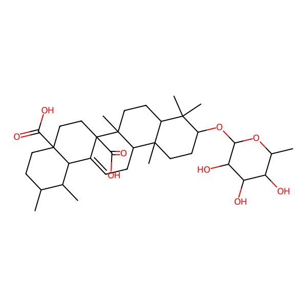 2D Structure of (1S,2R,4aS,6aR,6aR,6bR,8aR,10S,12aR,14bS)-1,2,6b,9,9,12a-hexamethyl-10-[(2R,3R,4S,5R,6R)-3,4,5-trihydroxy-6-methyloxan-2-yl]oxy-2,3,4,5,6,6a,7,8,8a,10,11,12,13,14b-tetradecahydro-1H-picene-4a,6a-dicarboxylic acid