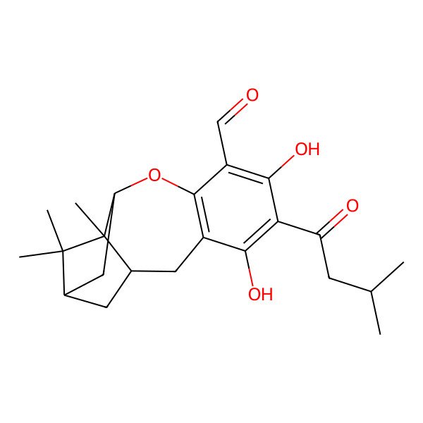 2D Structure of (1S,3R,12R,13S)-7,9-dihydroxy-13,14,14-trimethyl-8-(3-methylbutanoyl)-4-oxatetracyclo[10.2.1.03,13.05,10]pentadeca-5,7,9-triene-6-carbaldehyde