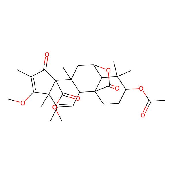 2D Structure of Methyl 15-acetyloxy-6-methoxy-4,5,7,10,14,14-hexamethyl-8,18-dioxo-19-oxapentacyclo[10.5.2.01,13.02,10.05,9]nonadeca-3,6-diene-9-carboxylate