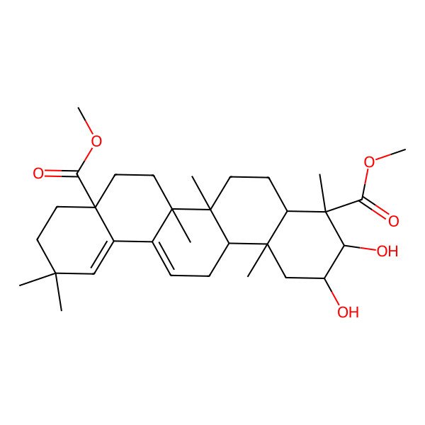 2D Structure of dimethyl (2R,3R,4R,4aR,6aR,6bS,8aS,14aR,14bR)-2,3-dihydroxy-4,6a,6b,11,11,14b-hexamethyl-1,2,3,4a,5,6,7,8,9,10,14,14a-dodecahydropicene-4,8a-dicarboxylate