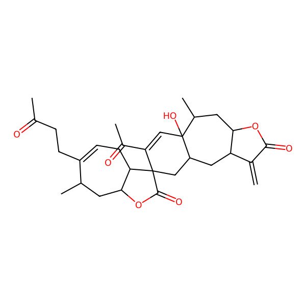 2D Structure of 12'-acetyl-10'-hydroxy-7,9'-dimethyl-4'-methylidene-6-(3-oxobutyl)spiro[4,7,8,8a-tetrahydro-3aH-cyclohepta[b]furan-3,13'-6-oxatricyclo[8.4.0.03,7]tetradec-11-ene]-2,5'-dione