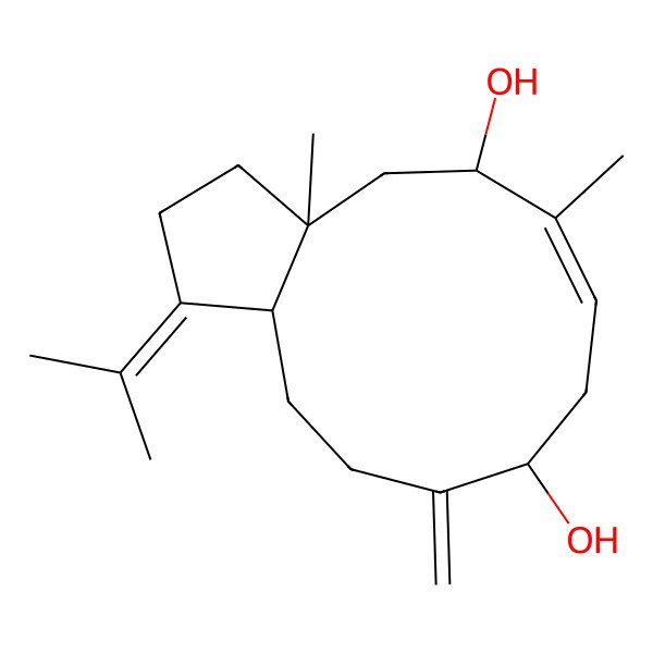 2D Structure of 3a,6-dimethyl-10-methylidene-1-propan-2-ylidene-3,4,5,8,9,11,12,12a-octahydro-2H-cyclopenta[11]annulene-5,9-diol