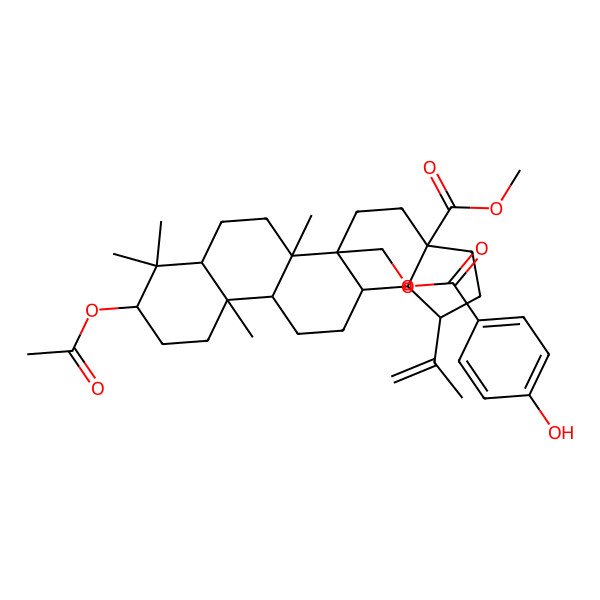 2D Structure of methyl (1R,3aS,5aS,5bR,7aR,9S,11aR,11bR,13aR,13bR)-9-acetyloxy-5a-[(4-hydroxybenzoyl)oxymethyl]-5b,8,8,11a-tetramethyl-1-prop-1-en-2-yl-1,2,3,4,5,6,7,7a,9,10,11,11b,12,13,13a,13b-hexadecahydrocyclopenta[a]chrysene-3a-carboxylate