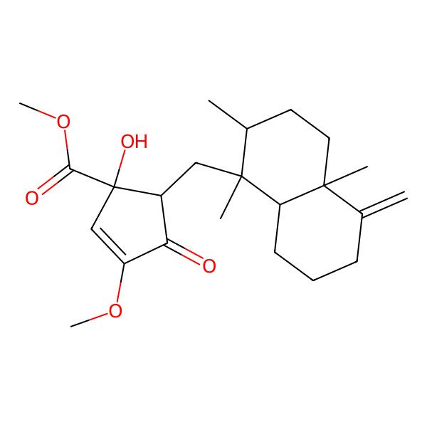 2D Structure of methyl (1S)-5-[[(1S,2R,4aR)-1,2,4a-trimethyl-5-methylidene-3,4,6,7,8,8a-hexahydro-2H-naphthalen-1-yl]methyl]-1-hydroxy-3-methoxy-4-oxocyclopent-2-ene-1-carboxylate