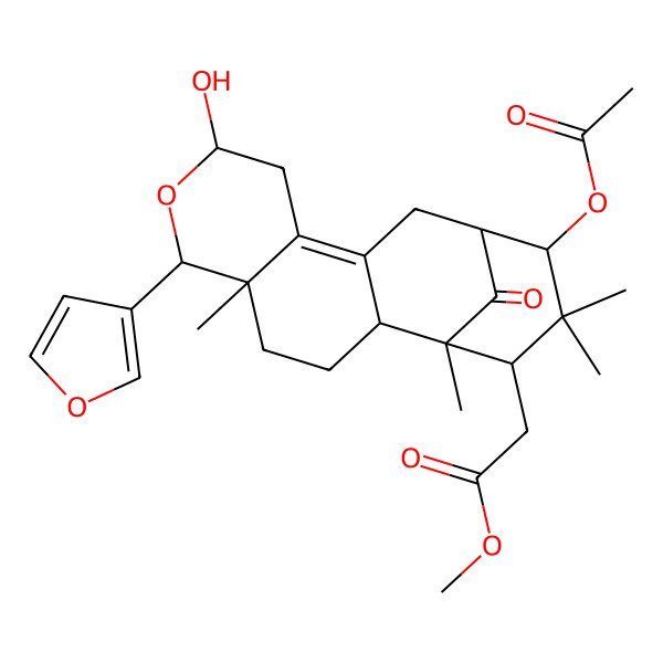2D Structure of Methyl 2-[14-acetyloxy-6-(furan-3-yl)-8-hydroxy-1,5,15,15-tetramethyl-17-oxo-7-oxatetracyclo[11.3.1.02,11.05,10]heptadec-10-en-16-yl]acetate