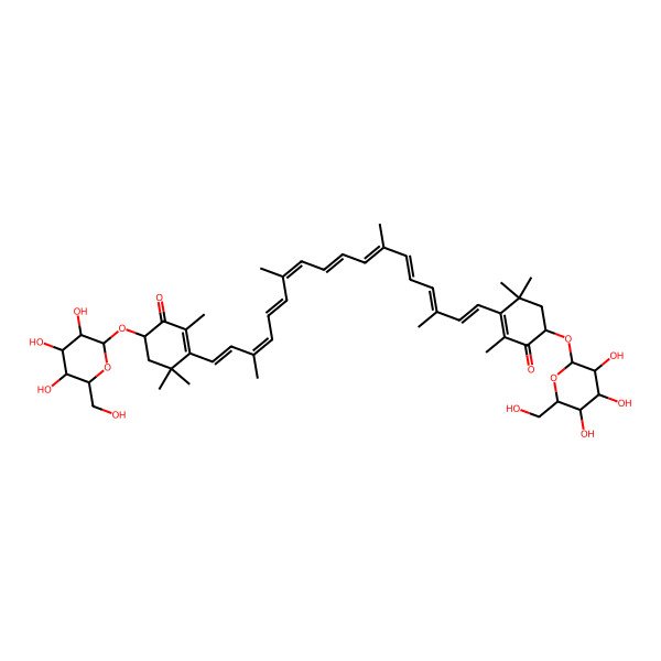 2D Structure of (6S)-2,4,4-trimethyl-3-[(1E,3E,5E,7E,9E,11E,13E,15E,17E)-3,7,12,16-tetramethyl-18-[(4S)-2,6,6-trimethyl-3-oxo-4-[(2S,3R,4S,5S,6R)-3,4,5-trihydroxy-6-(hydroxymethyl)oxan-2-yl]oxycyclohexen-1-yl]octadeca-1,3,5,7,9,11,13,15,17-nonaenyl]-6-[(2S,3R,4S,5S,6R)-3,4,5-trihydroxy-6-(hydroxymethyl)oxan-2-yl]oxycyclohex-2-en-1-one