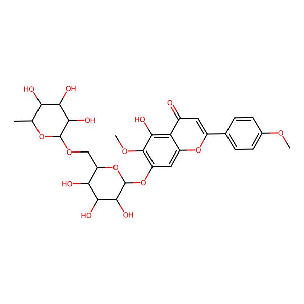 2D Structure of 5-hydroxy-6-methoxy-2-(4-methoxyphenyl)-7-[(2S,3S,4S,5S,6S)-3,4,5-trihydroxy-6-[[(2R,3R,4S,5R,6S)-3,4,5-trihydroxy-6-methyloxan-2-yl]oxymethyl]oxan-2-yl]oxychromen-4-one