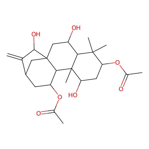 2D Structure of (6-Acetyloxy-3,8,15-trihydroxy-5,5,9-trimethyl-14-methylidene-11-tetracyclo[11.2.1.01,10.04,9]hexadecanyl) acetate