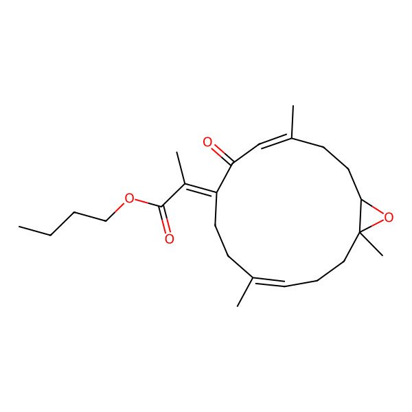 2D Structure of butyl (2Z)-2-[(1R,4E,10E,14R)-4,10,14-trimethyl-6-oxo-15-oxabicyclo[12.1.0]pentadeca-4,10-dien-7-ylidene]propanoate