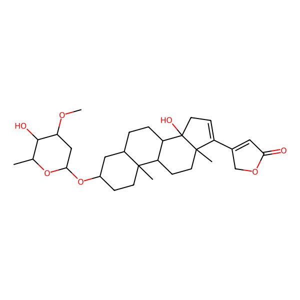 2D Structure of 3-[(3S,5R,8R,9S,10S,13R,14S)-14-hydroxy-3-[(2R,4S,5S,6S)-5-hydroxy-4-methoxy-6-methyloxan-2-yl]oxy-10,13-dimethyl-1,2,3,4,5,6,7,8,9,11,12,15-dodecahydrocyclopenta[a]phenanthren-17-yl]-2H-furan-5-one