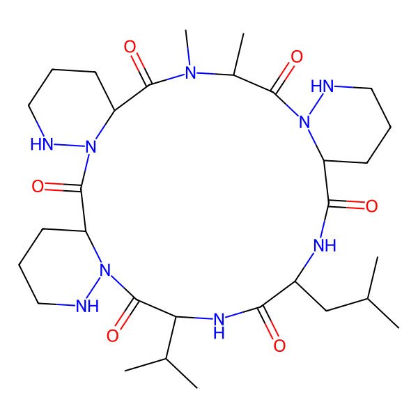 2D Structure of 10,11-Dimethyl-21-(2-methylpropyl)-24-propan-2-yl-3,4,10,13,14,20,23,26,27-nonazatetracyclo[24.4.0.03,8.013,18]triacontane-2,9,12,19,22,25-hexone